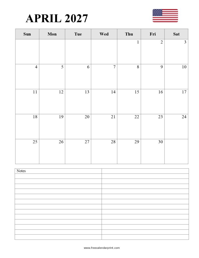 Blank April 2027 Calendar Printable