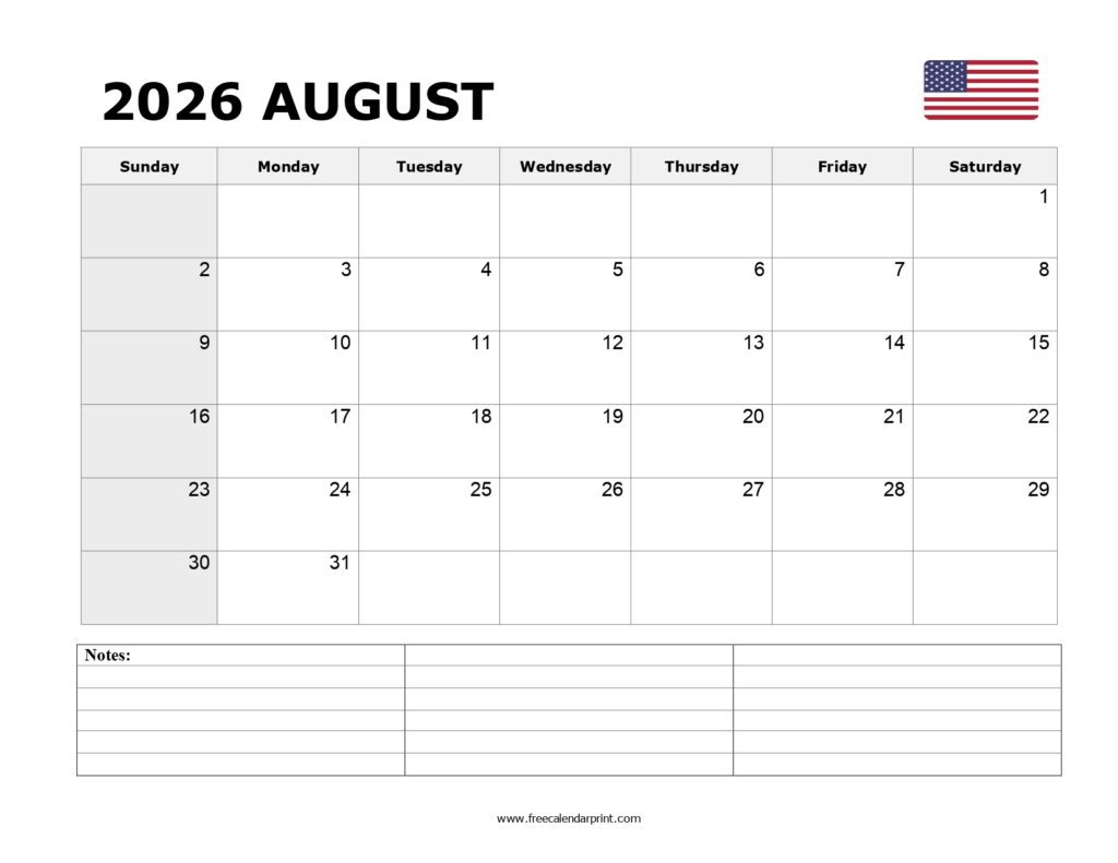 August 2026 Calendar Printable