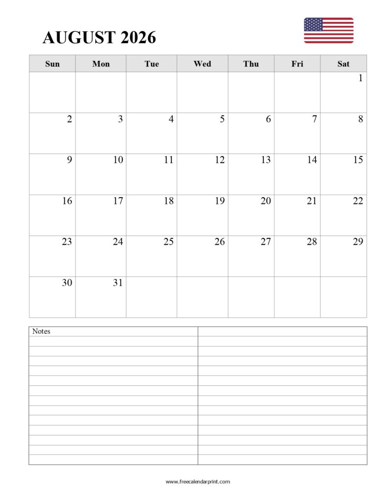 Printable August 2026 Calendar
