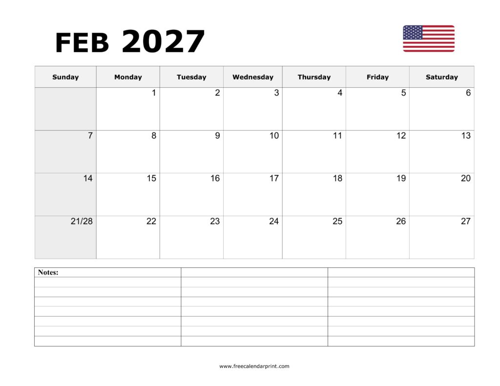 February 2027 Calendar Printable
