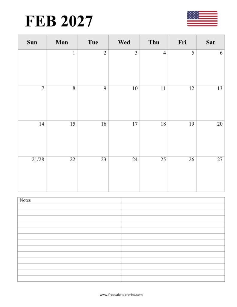 Free February 2027 Calendar