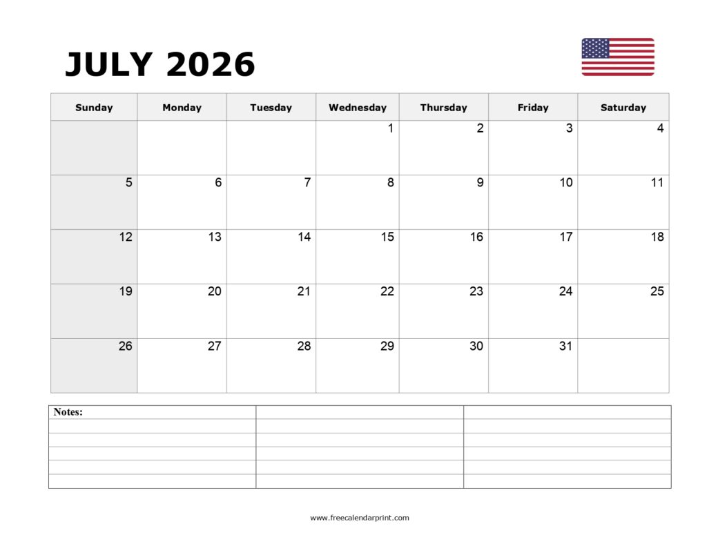 Blank July 2026 Calendar Printable