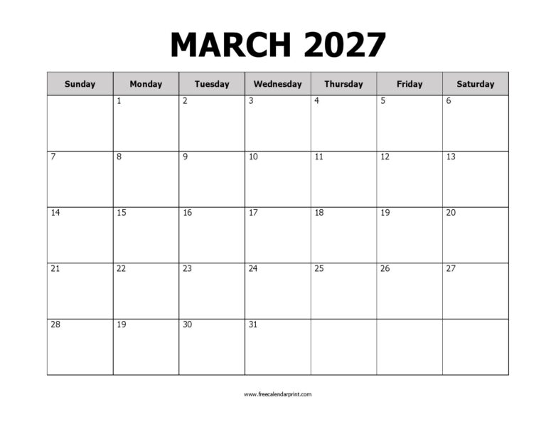 March 2027 calendar printable, Classic Calendar