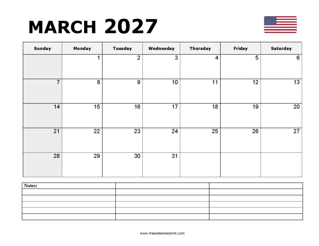 Printable March 2027 Calendar