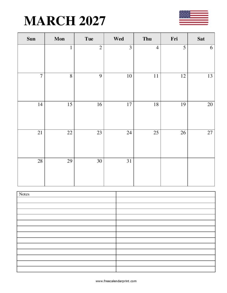 Blank March 2027 Calendar