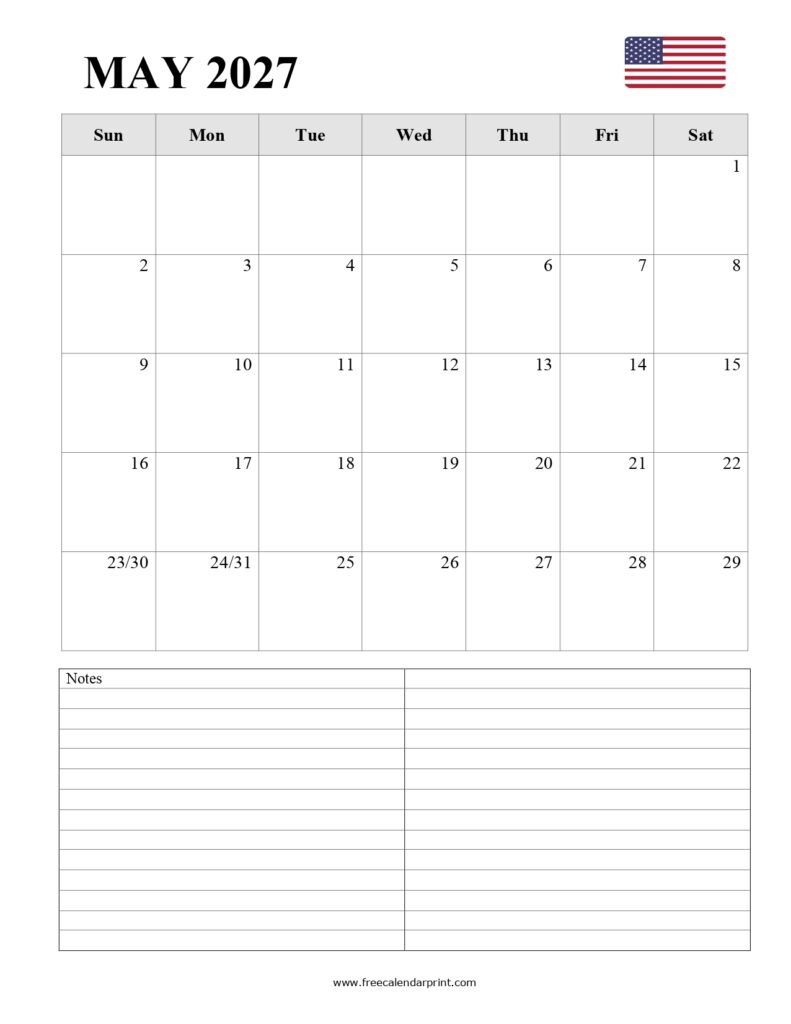 Printable Calendar for May 2027