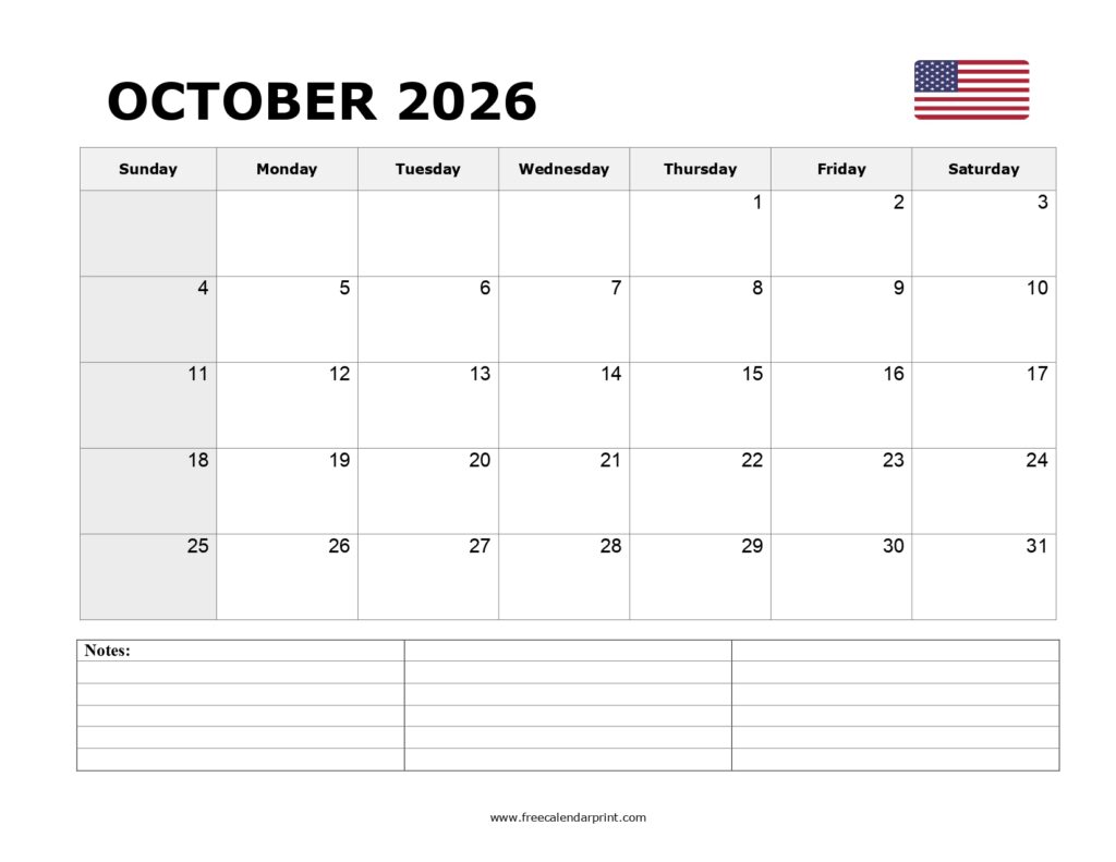 October 2026 Calendar Printable