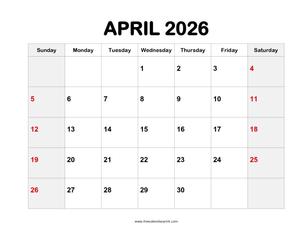 Blank April 2026 Calendar Printable