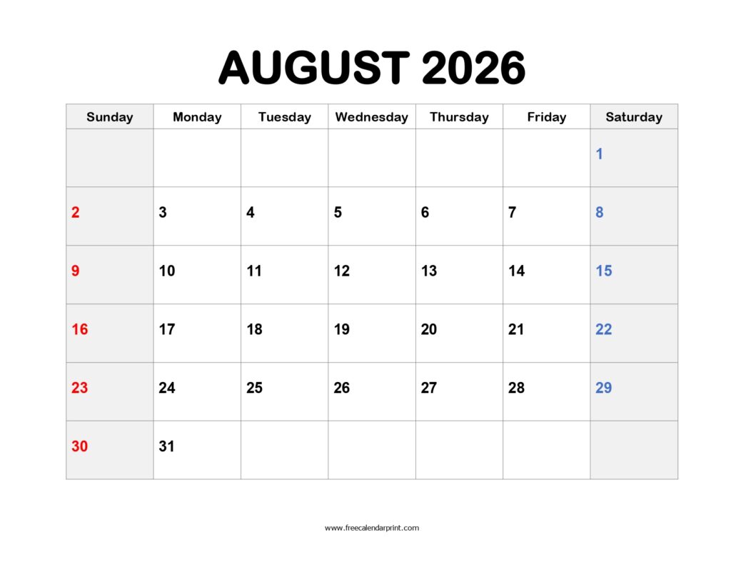 Free Printable Calendar August 2026