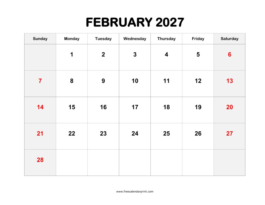 Printable February 2027 Calendar