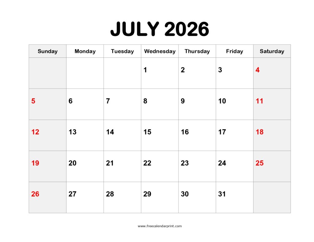 Printable Calendar July 2026