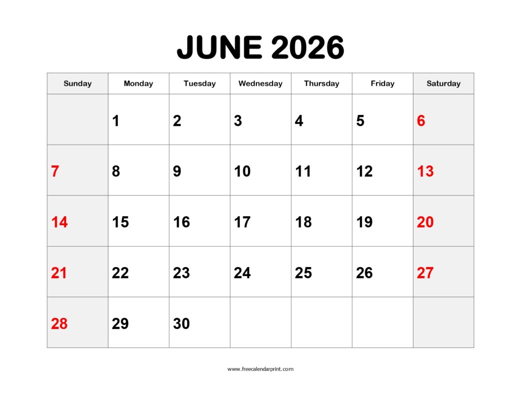 Blank June 2026 Calendar Printable