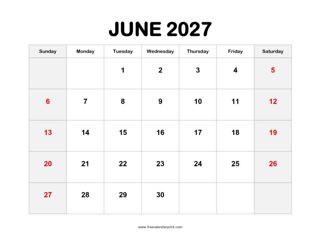 Printable June 2027 Calendar