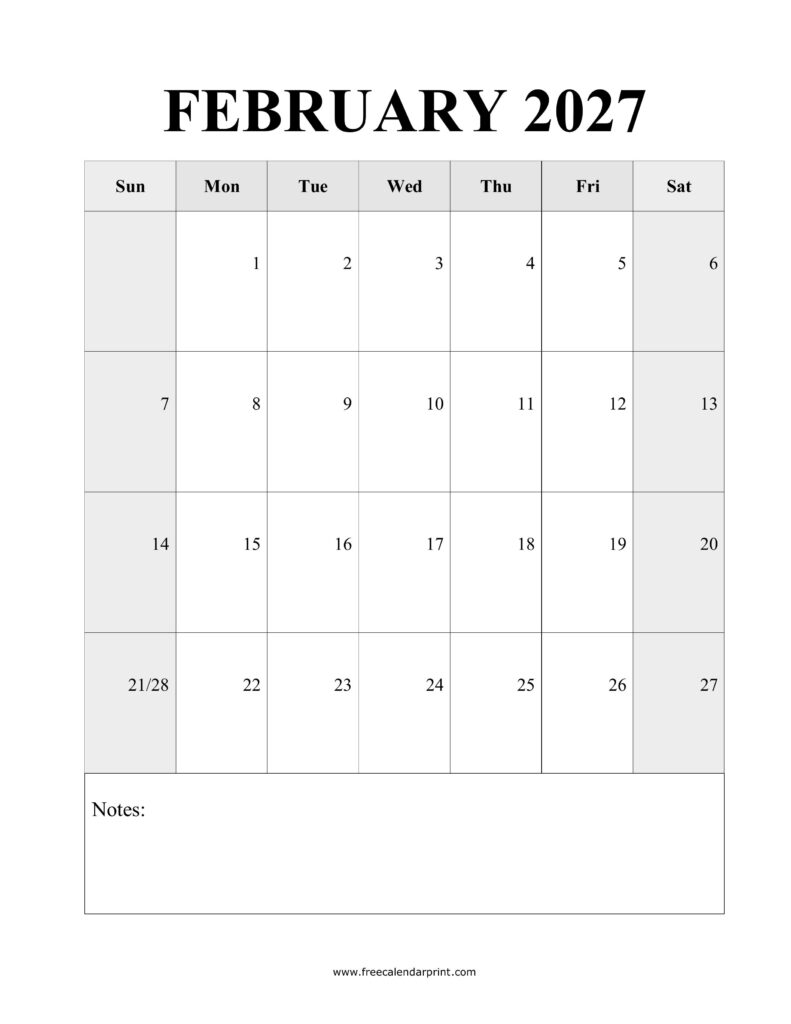 Blank February 2027 Calendar
