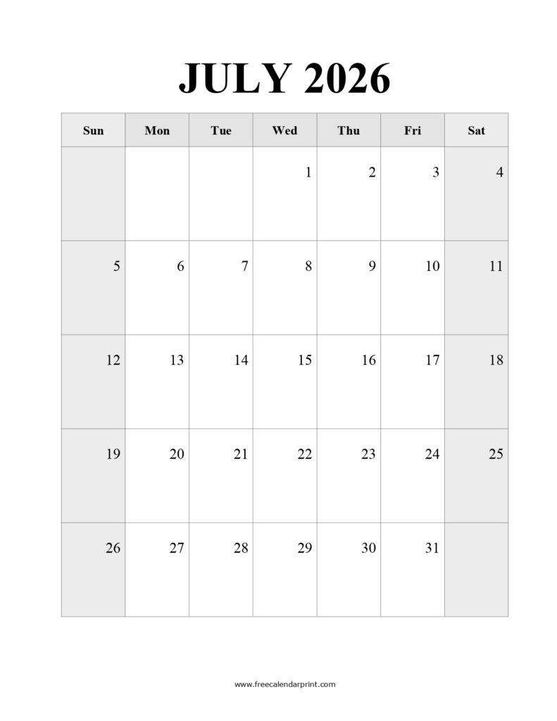 Free Printable July 2026 Calendar