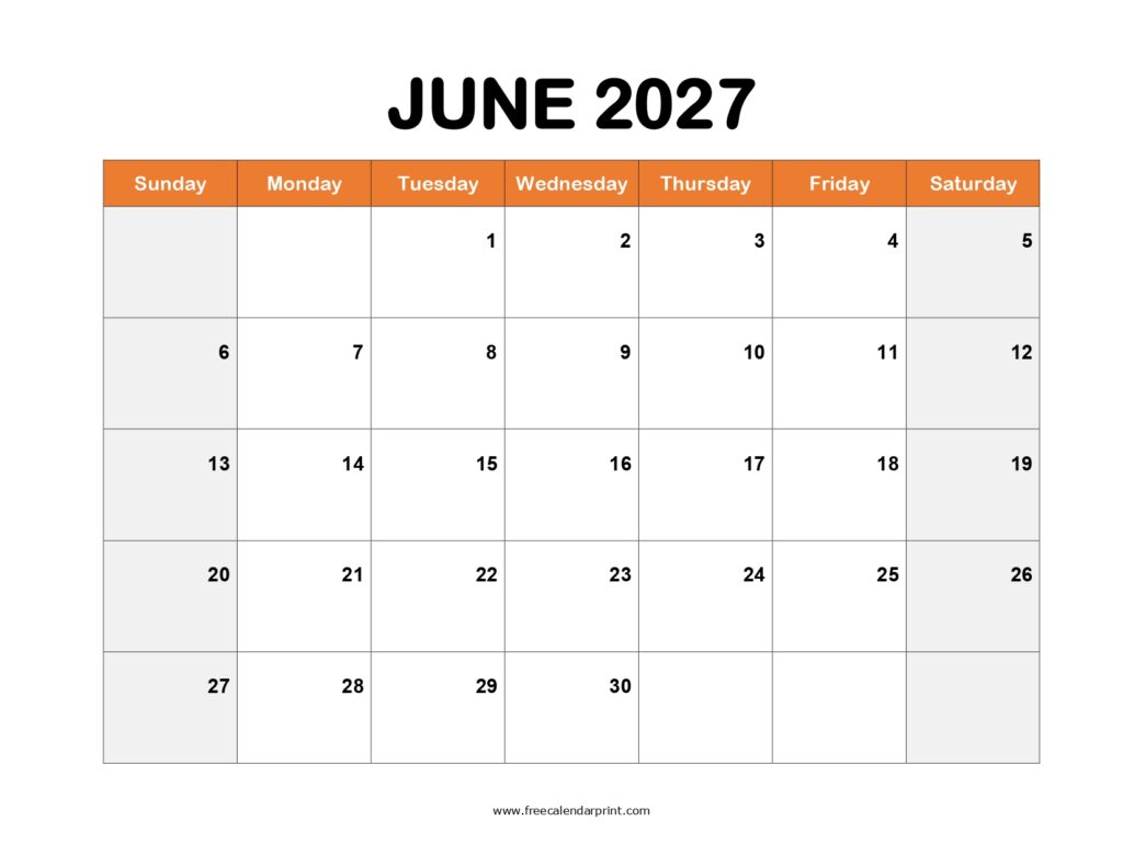 Blank June 2027 Calendar Printable
