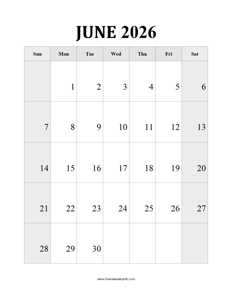 Printable June 2026 Calendar