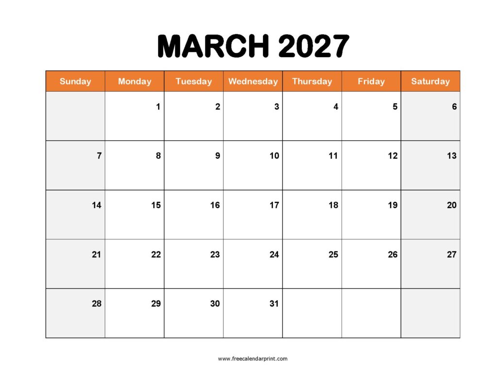 March 2027 Calendar Template