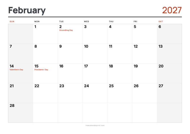 February 2027 calendar printable, A4 with Holidays