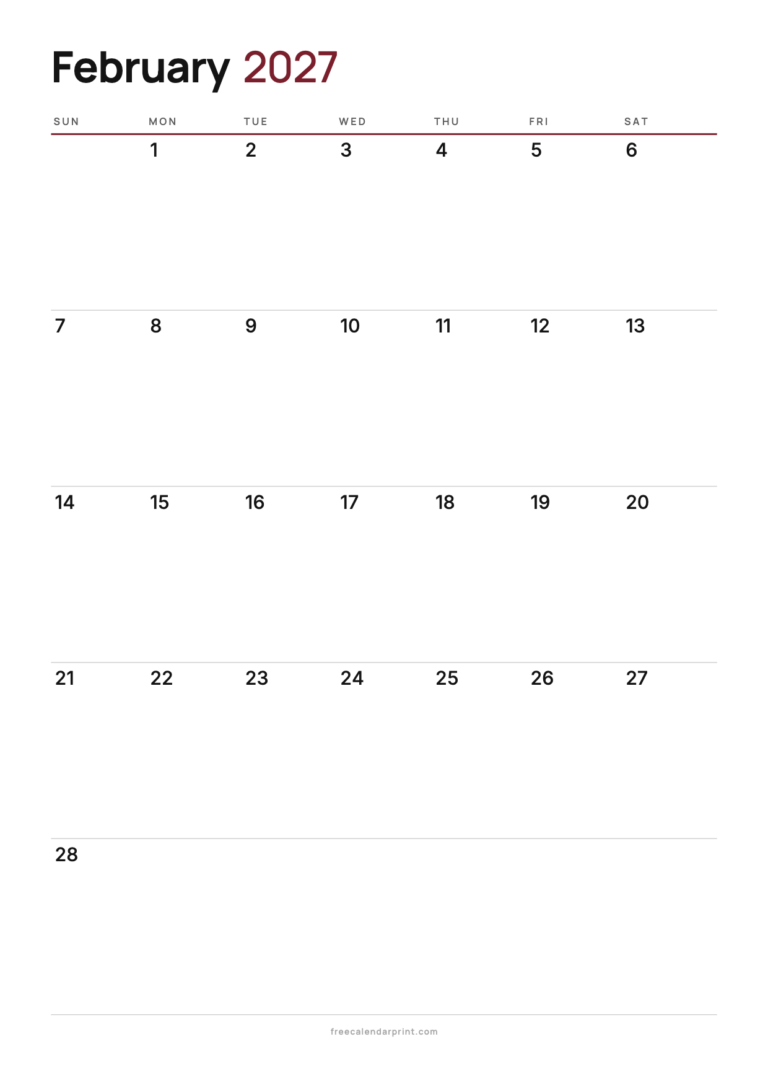 February 2027 calendar printable, A4 Blank Portrait