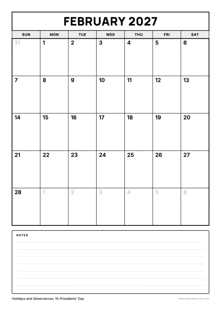 February 2027 calendar printable, A4 with Notes