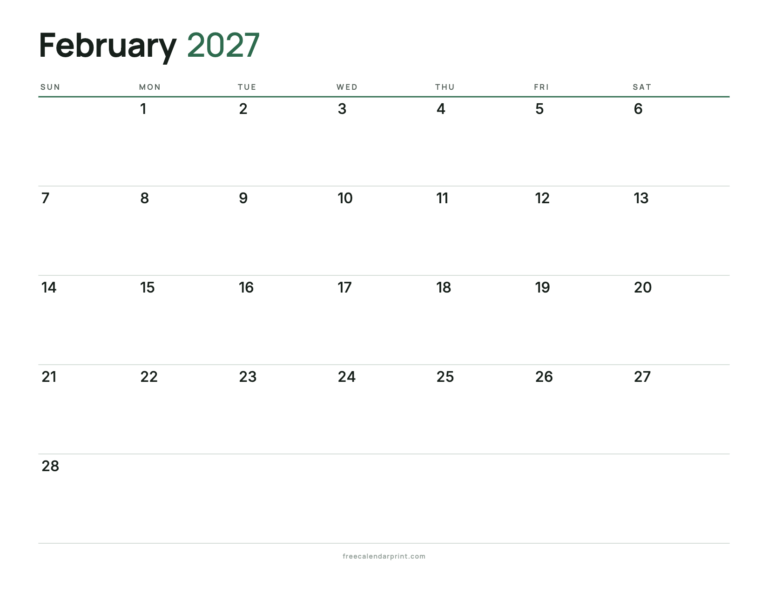 February 2027 calendar printable, Blank Calendar
