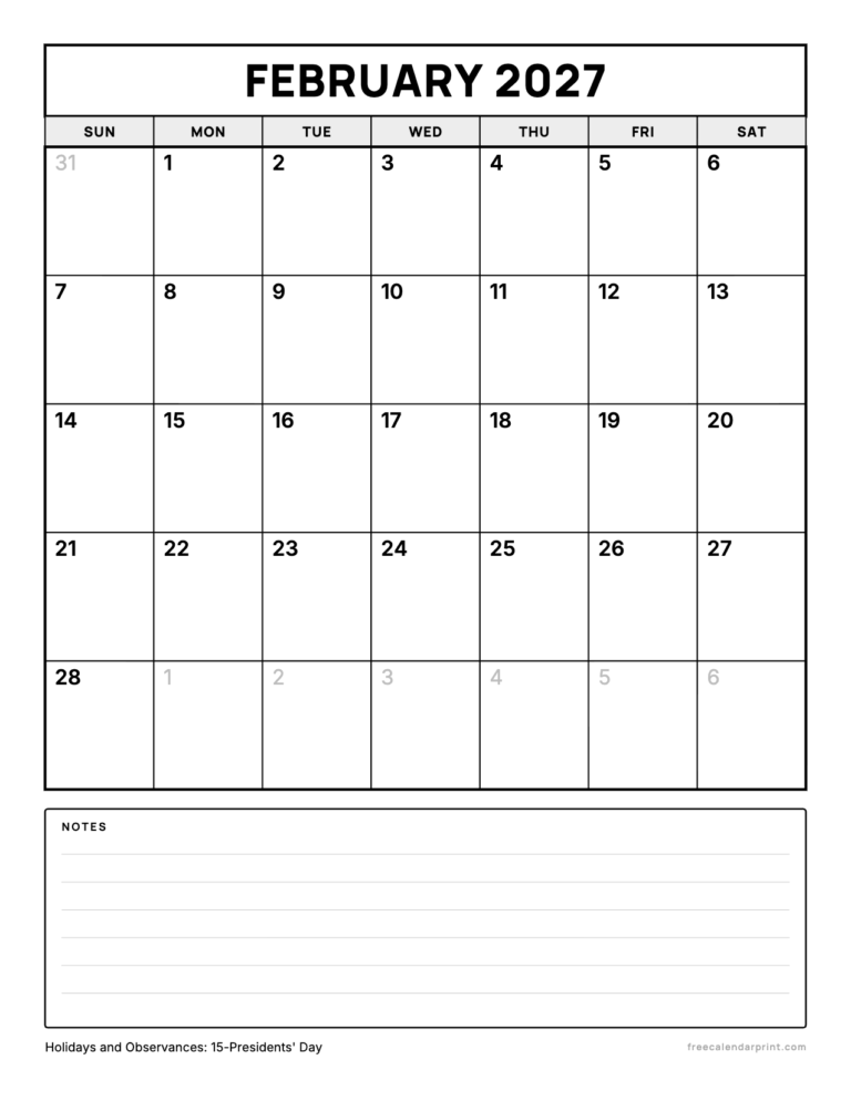 February 2027 calendar printable, Bold Grid with Notes