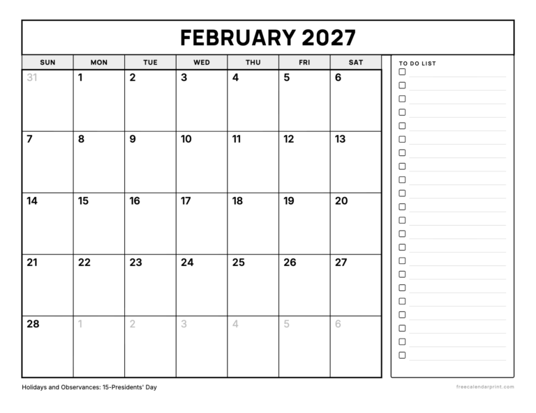February 2027 calendar printable, Bold Grid with To Do List