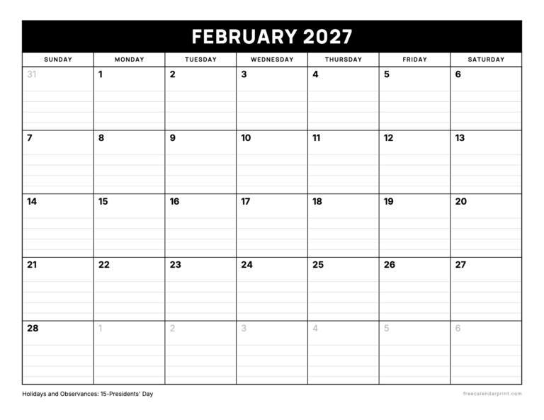 February 2027 calendar printable, Bold Lined