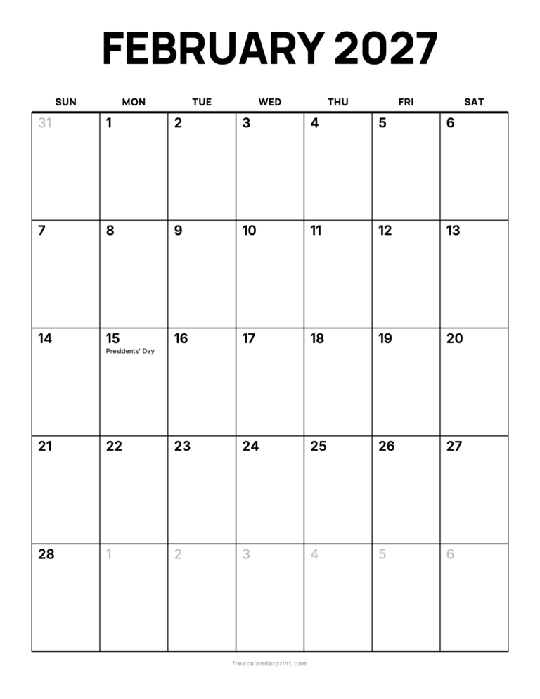 February 2027 calendar printable, Bold Open