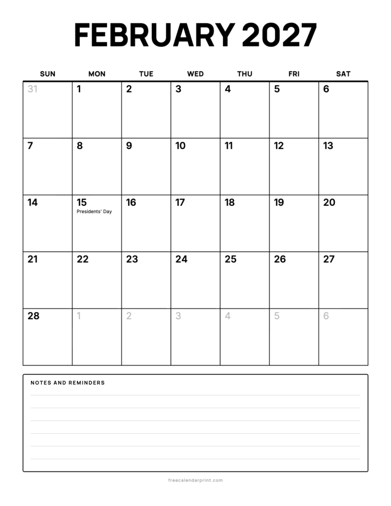 February 2027 calendar printable, Bold Open with Notes