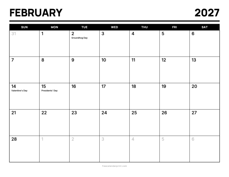 February 2027 calendar printable, Bold Split
