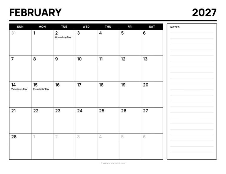 February 2027 calendar printable, Bold Split with Notes