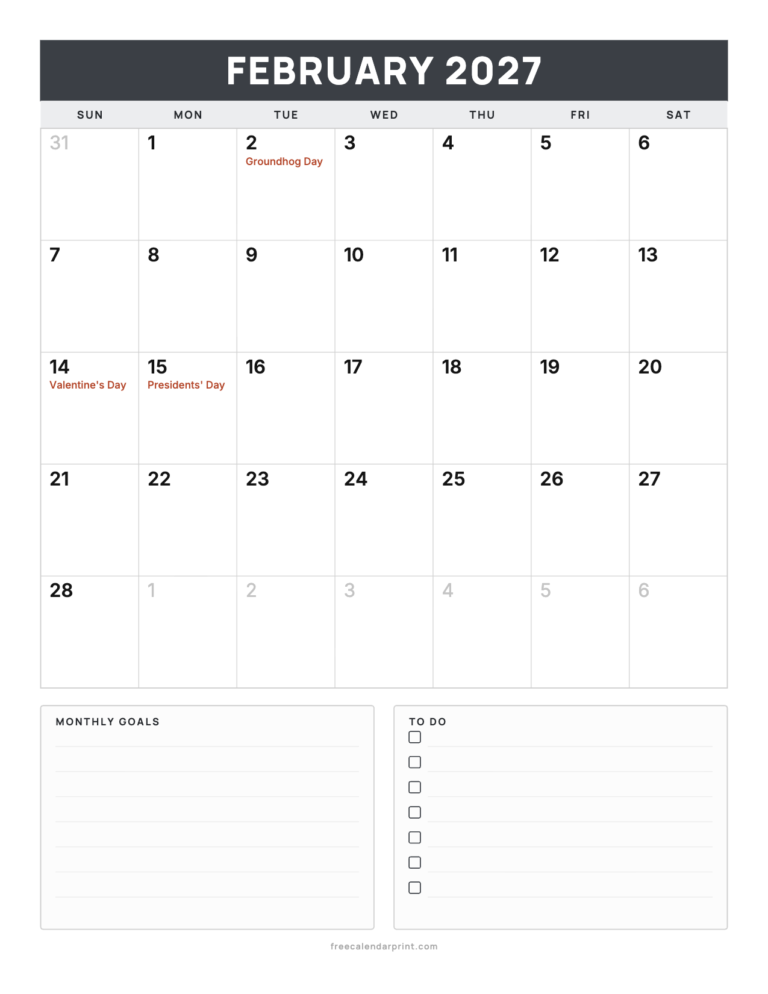February 2027 calendar printable, Goals and To Do