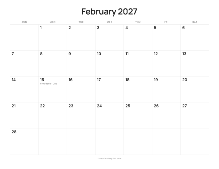 February 2027 calendar printable, Ink Saver