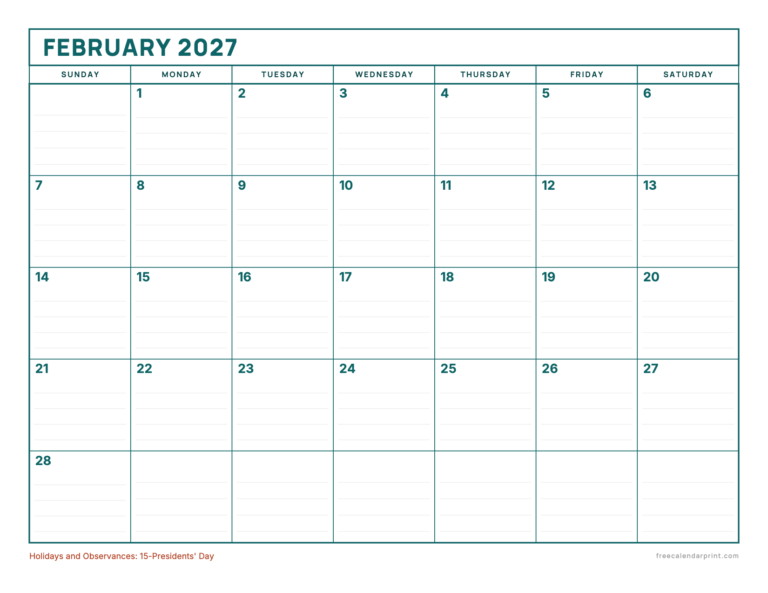 February 2027 calendar printable, Large Writing Boxes