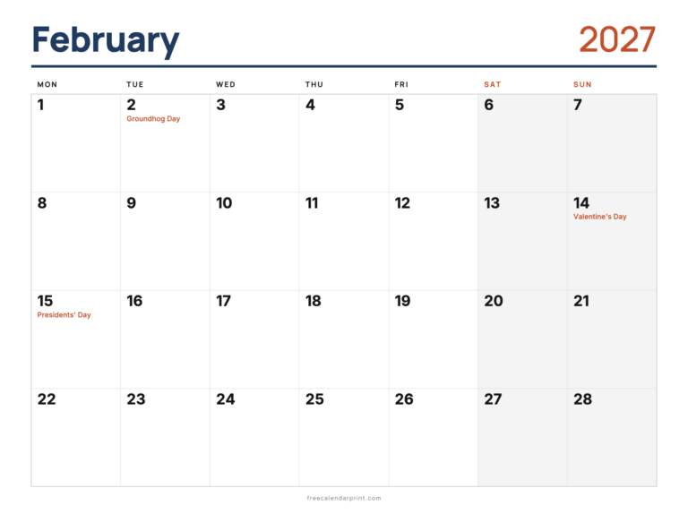 February 2027 calendar printable, Monday Start