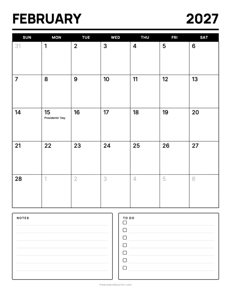 February 2027 calendar printable, Notes and To Do