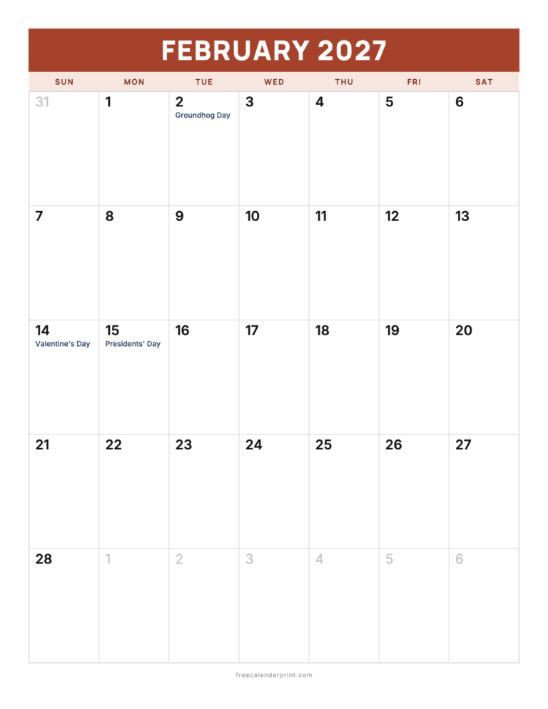 February 2027 calendar printable, Portrait with Holidays