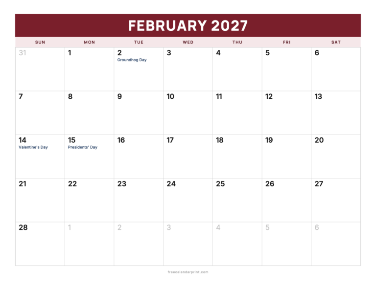 February 2027 calendar printable, With US Holidays