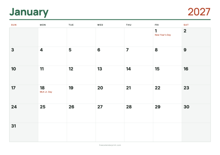 January 2027 calendar printable, A4 with Holidays