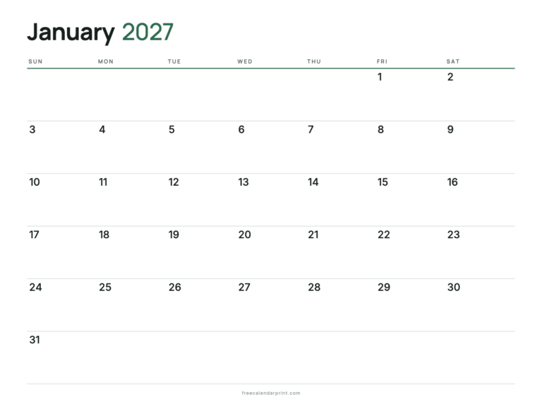 January 2027 calendar printable, Blank Calendar
