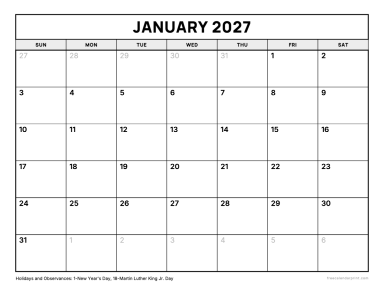 January 2027 calendar printable, Bold Grid