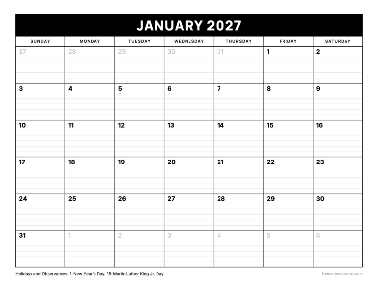 January 2027 calendar printable, Bold Lined
