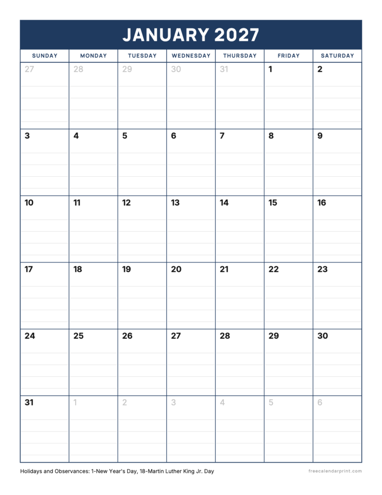 January 2027 calendar printable, january-2027-calendar-bold-lined-navy-notes-letter-portrait-sunday
