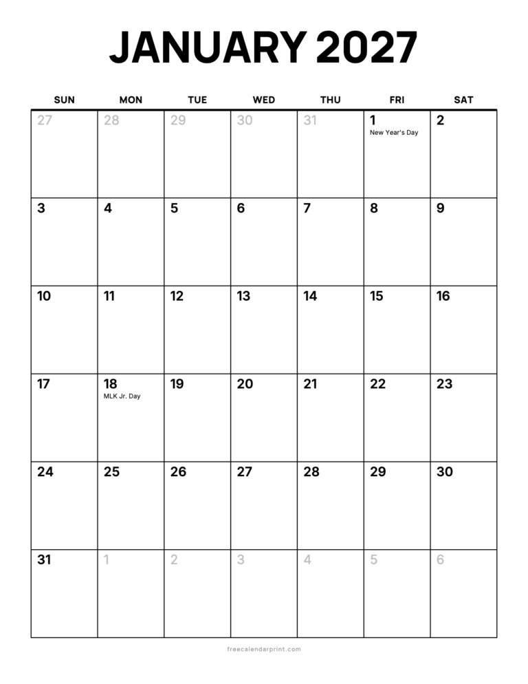 January 2027 calendar printable, Bold Open