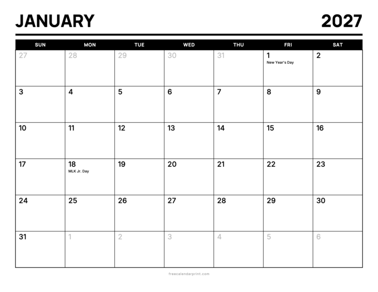 January 2027 calendar printable, Bold Split