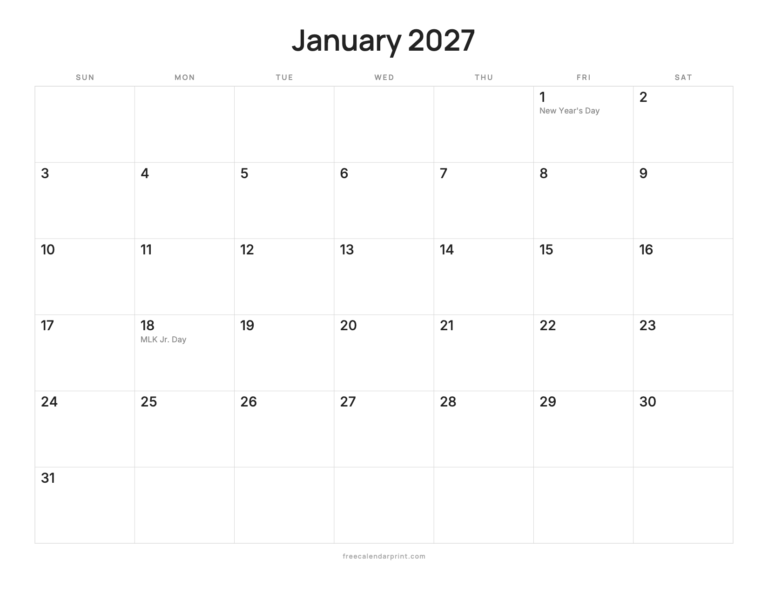 January 2027 calendar printable, Ink Saver