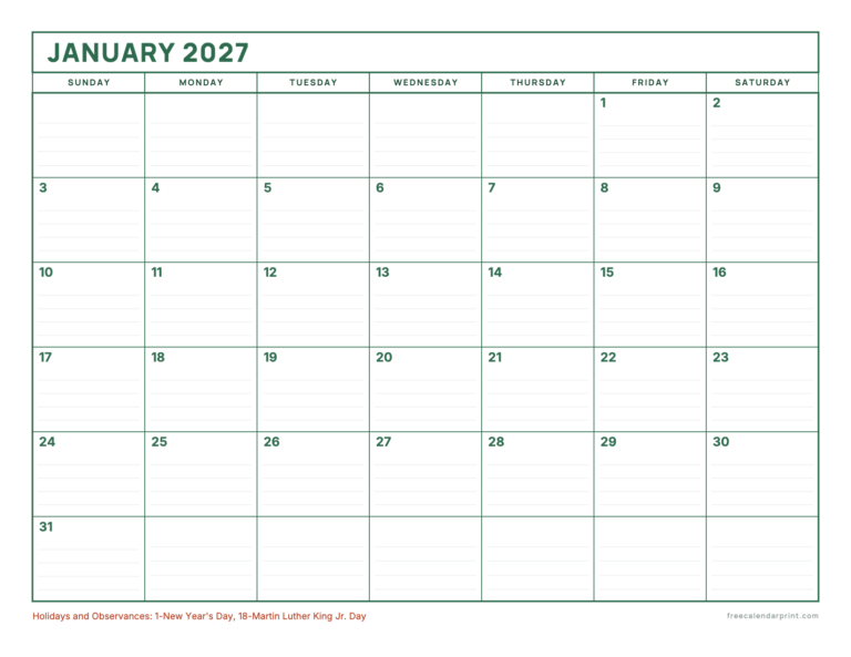 January 2027 calendar printable, Large Writing Boxes