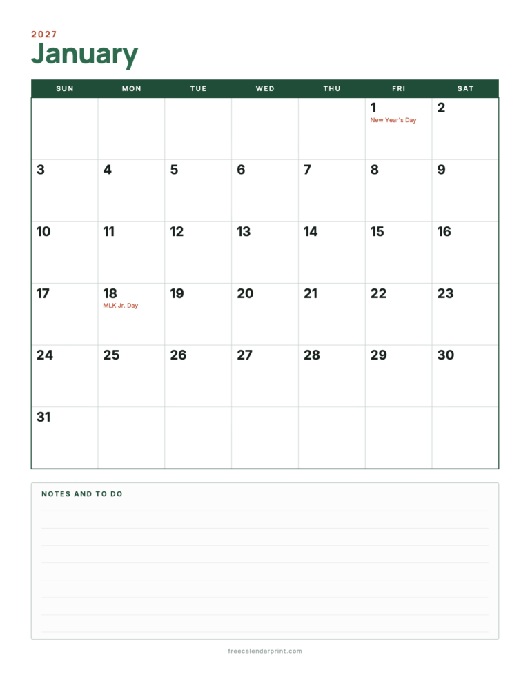 January 2027 calendar printable, Portrait with Notes